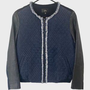 Insun Quilted Denim Bomber Jacket Women's 38 Navy Blue Full-Zip Leather Sleeves